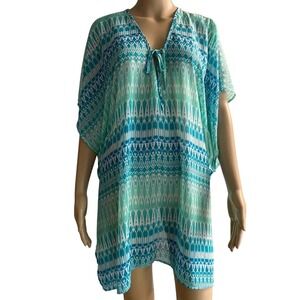 Francesca's Teal Blue Geometric Ikat Kaftan Swim Cover Up Tunic S/M